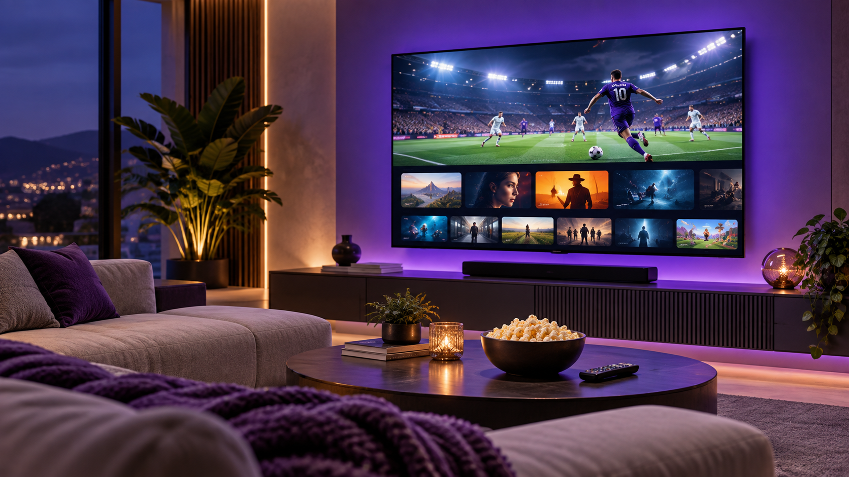 Sala de entretenimento com filmes, séries e futebol na televisão