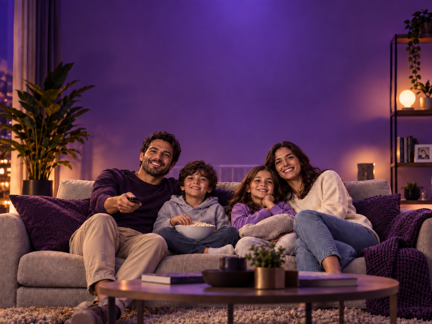 Família reunida assistindo a conteúdos de entretenimento